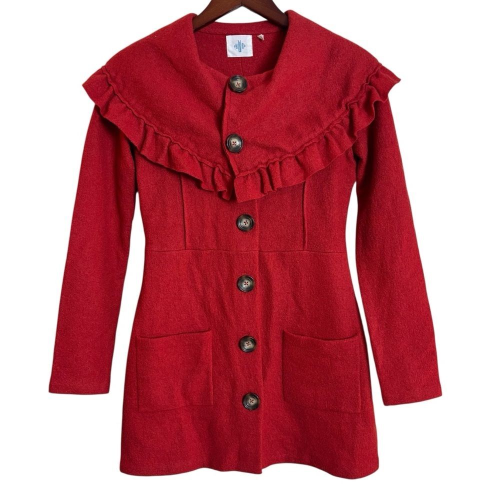 Anthropologie HWR Boiled Wool Ruffled Collar Jacket Coat Size XS Persimmon Red